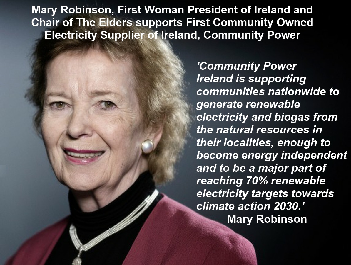 CommunityPower_'s tweet photo. Mary Robinson, First Woman President of Ireland and Chair of The Elders supports First Community Owned Electricity Supplier of Ireland @CommunityPower_ . Switch today at https://t.co/HYjXnM50ye. #CommunityPower #SwitchToday #RenewableElectricity #ClimateAction #ClimateCrisis https://t.co/Ypl5NzEwoK