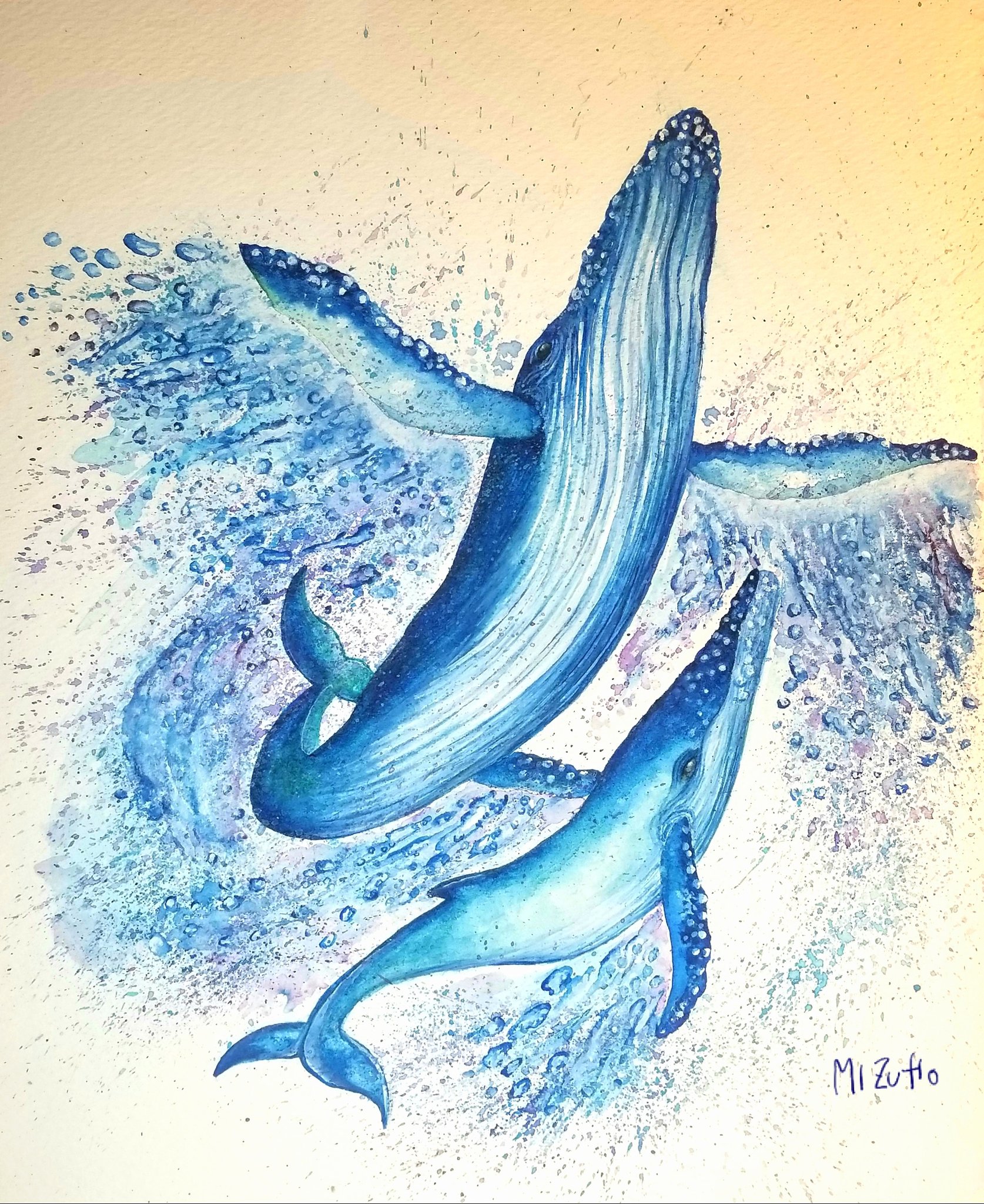 ピースフルクジラさんのイラスト原画◎ シンプルなクジラのイラスト 線なし：イラスト無料