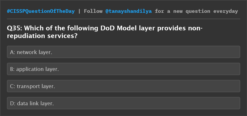 tanayshandilya's tweet photo. CISSP Question of the day
#CISSPQuestionOfTheDay #cissp #cisspexam #cisspprep #cybersecurity #dataprivacy #informationsecurity #womenintech #isaca #crisccertification #securityplus #cisco #comptia #networksecurity #networking #protocol #osimodel https://t.co/ysxDYb0rKK