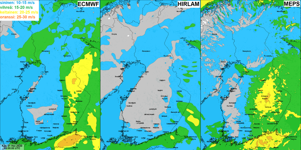 meteorologit's tweet photo. Saapuva #matalapaine huuhtoo helteet! Vasemmalla 24h sadekertymät ja oikealla 24h kovimmat tuulen puuskat. Molemmat kuvat ovat välille 30.6. kello 9 - 1.7. kello 9. Sadetta kertyy jopa yli 50 mm ja #tuulet voimistuvat puuskissa paikoin jopa myrskylukemiin! #sää #rankkasade https://t.co/bue8xfF729