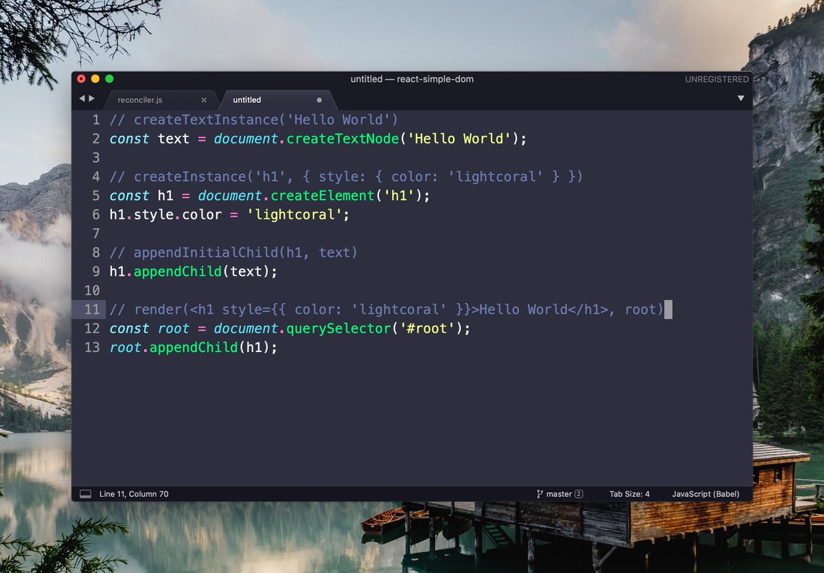 If we wanted to write "raw" JavaScript code to do the same thing using just browser APIs and no React, this is how it would look.Note how the sequence of reconciler functions is similar to what we would write without React. createTextInstance -> createInstance -> appendChild.