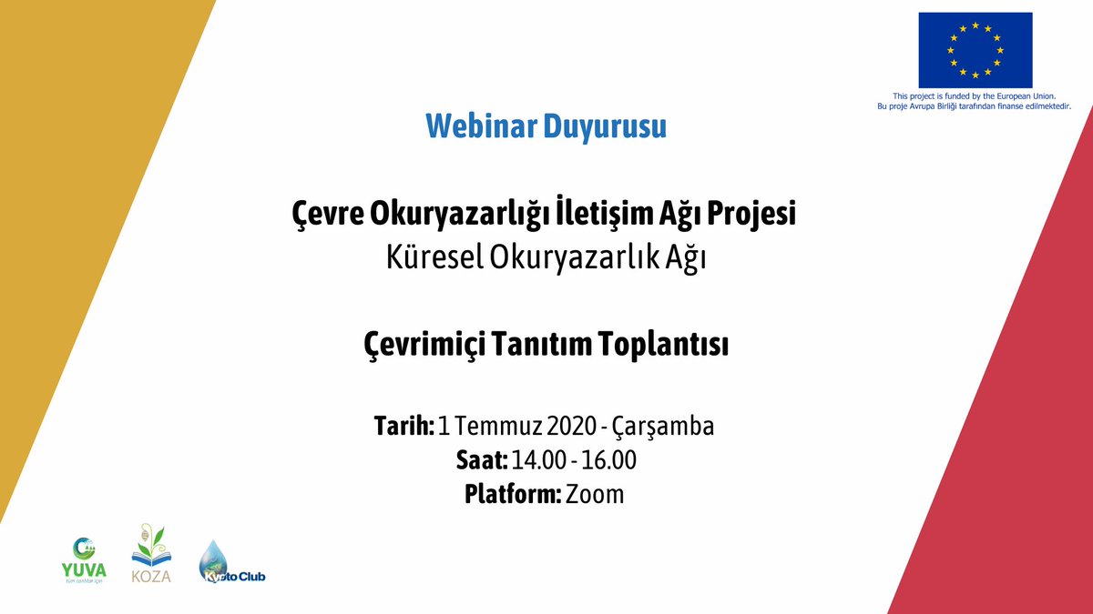 1 Temmuz'da saat 14.00’da Çevre Okuryazarlığı İletişim Ağı Projemizi ve #KüreselOkuryazarlıkAğı’nı tanıtmak için bir Webinar düzenliyoruz. 

Detaylı bilgi ve kayıt olmak için: bit.ly/2ND0MT3 

Son kayıt tarihi: 29 Haziran 2020, 20:00