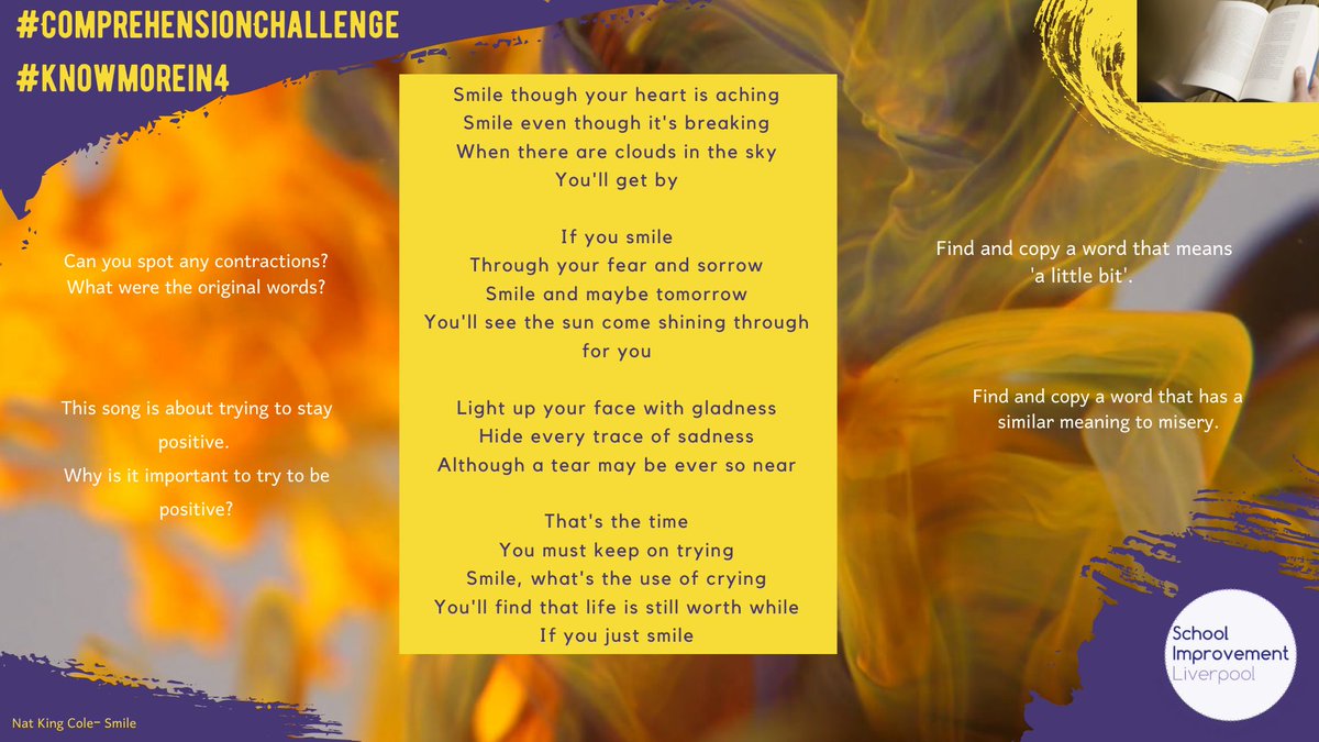 SIL_EduSupport's tweet photo. Good afternoon! Our #ComprehensionChallenge π is all about our ability to be positive π
Watch the amazing @natkingcole here πhttps://t.co/hFoQXySHDZ
#reading #smile #recovery #homelearning #homelearninguk https://t.co/rfp4gf5lq3