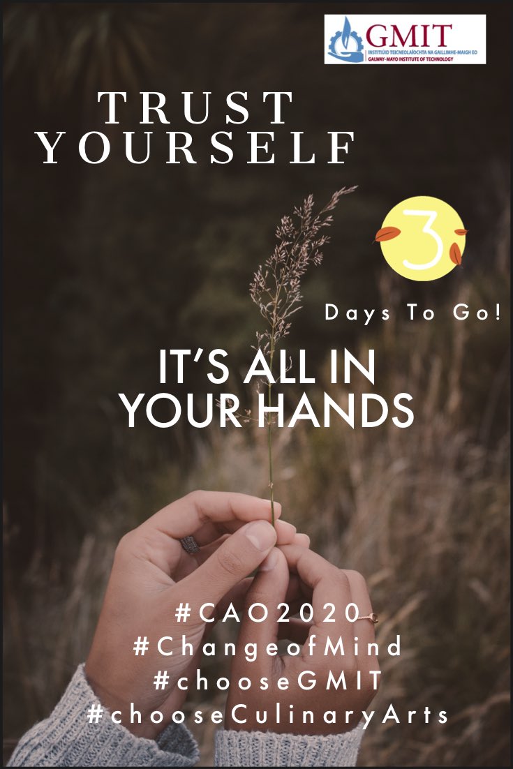 It’s all in your hands! 3 days and counting #cao2020 #changeofmind #dowhatmakesyouhappy #dowhatyoulove #choosegmit #culinary #chef #education #gastronomicscience  #3daystogo  @GMITHotel @GMITOfficial @CaitNoone @jcdal @UlrichHoeche @BMorrissey35 @annflan2 @GMITSLO @GMITCareers