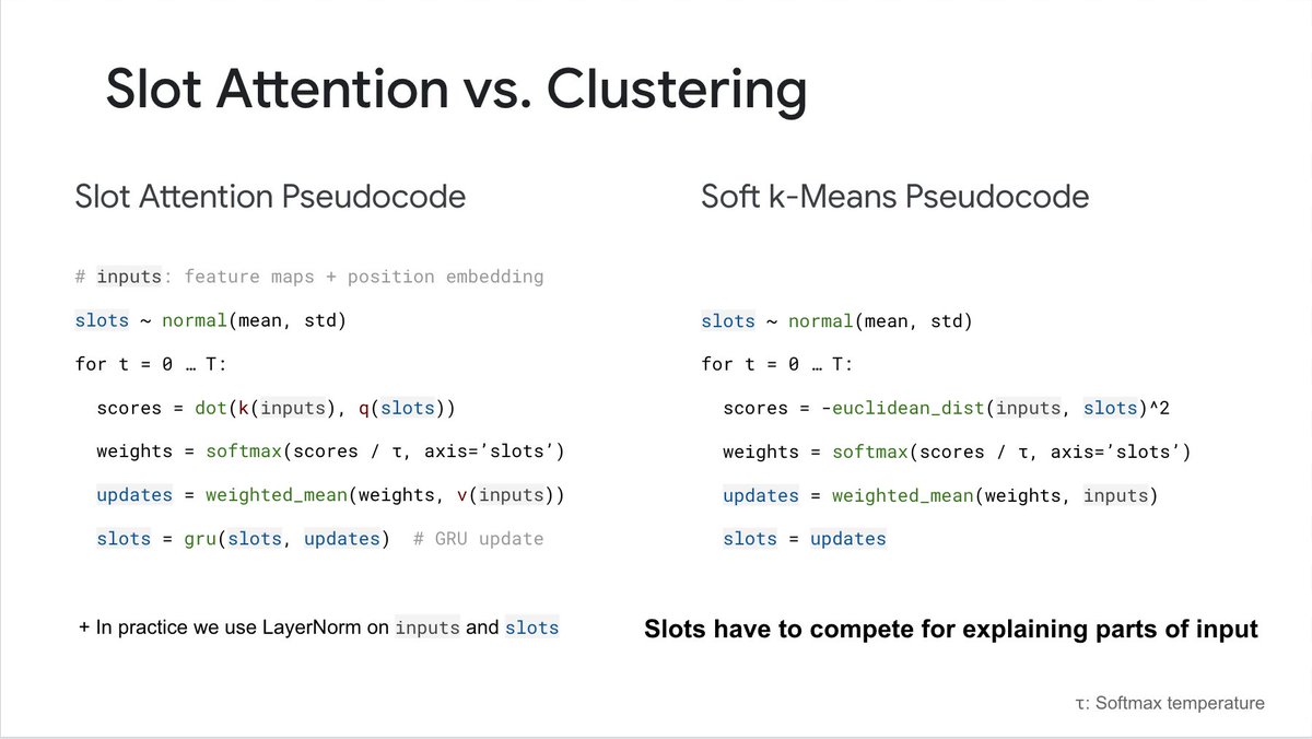 Slot Attention is related to self-attention, with some crucial differences that effectively turn it into a meta-learned clustering algorithm.Slots are randomly initialized for each example and then iteratively refined. Everything is symmetric under permutation.[2/7]