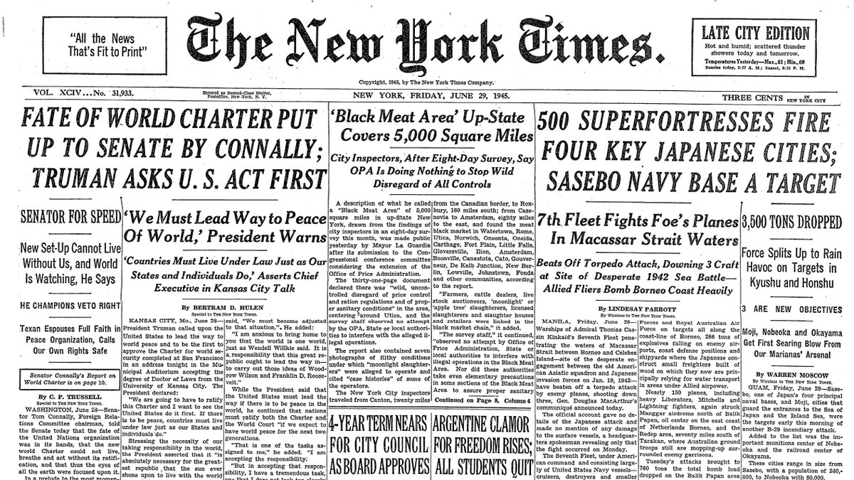 June 29, 1945: 500 Superfortresses Fire Four Keys Japanese Cities; Sasebo Navy Base a Target  https://nyti.ms/2YF4sK2 
