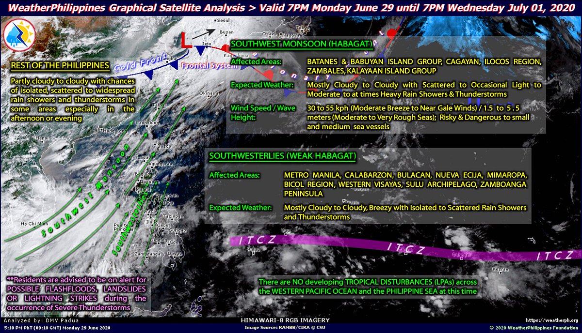 WeatherPH's tweet photo. Finally, the long-awaited SW Monsoon (#Habagat) sets in, affecting some portions of Western Luzon. Expect cloudy skies with occasional rain showers &amp; t-storms. *This will be the last and final weather post of WPF. Thank you for your Trust and Confidence. https://t.co/jDsa6mO2hM https://t.co/bhSvUWnlHb