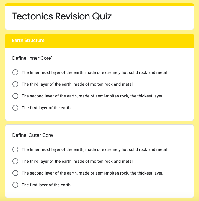 GeogHurlingham's tweet photo. More great examples of revision tools made by Year 8. Dalal has created clearly colour-coded notes and Calum has made his own quiz! Great work, both of you!
@TheHurlinghamAc
 #HomeLearning #studentwork #year8 #tectonics #Revision https://t.co/UNUdhcLwuV