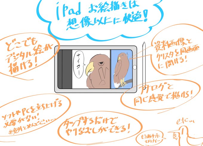 お絵描き用ipad、個人的にはめちゃくちゃ快適なので買うのを迷ってる方は買うべきだと思います

自分は一昨年買ってからお絵かきの90%はipadとクリスタで済ますようになり、板タブの頃よりも絵を描くのが楽しくなりました(ほんとビックリ)

良かった点を画像に書きましたがもっといっぱいある・・・ 