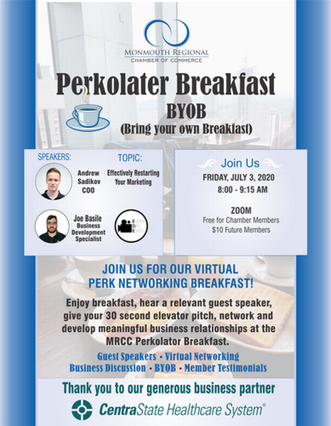 MRCCNJ's tweet photo. Please join us at our #MRCC Virtual Perkolator Friday at 8 am for networking &amp; business discussion on ZOOM. Speakers:  Joe Basile and Andrew Sadikov will discuss: How to Effectively Restart Your Marketing. https://t.co/QY7H1ugaVk https://t.co/5PDUFb81Qd