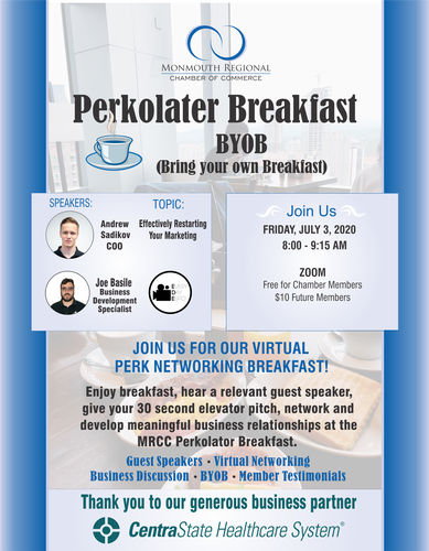 MRCCNJ's tweet photo. Please join us at our #MRCC Virtual Perkolator Friday at 8 am for networking &amp; business discussion on ZOOM. Speakers:  Joe Basile and Andrew Sadikov will discuss: How to Effectively Restart Your Marketing. https://t.co/QY7H1ugaVk https://t.co/5PDUFb81Qd