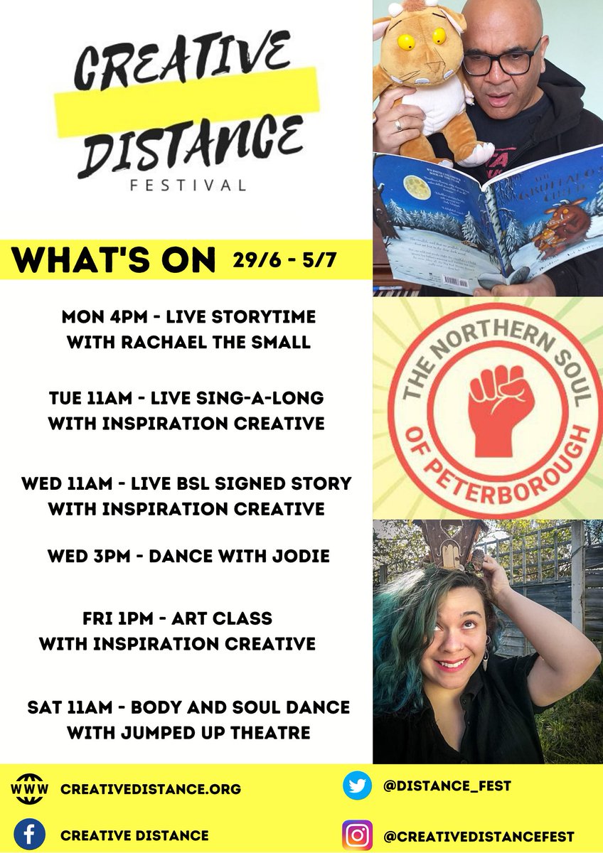 distance_fest's tweet photo. 📢📢📢WHAT'S ON THIS WEEK 📢📢📢

Lots is the answer! Kicking off at 4pm with #Live #storytime from @RachaeltheSmall. It's another week of jam packed live events for all the family. Find us on facebook to keep up with all events, link in bio.

#Dance #story #storytelling #art https://t.co/NlGGFi8vNV