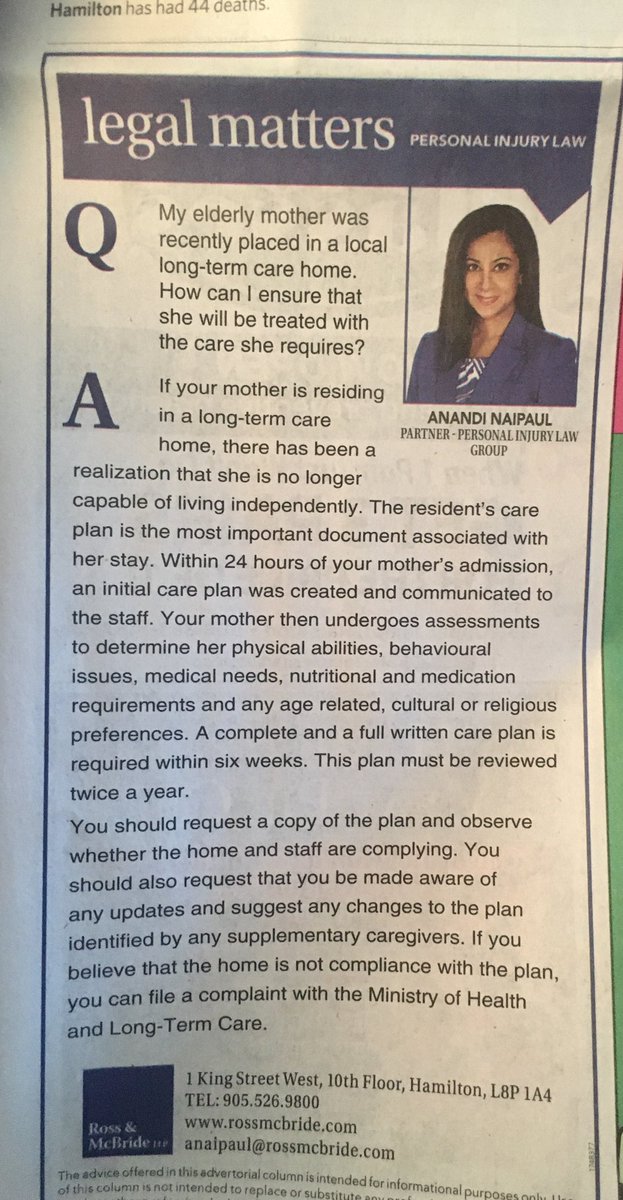 susanclairmont's tweet photo. Placing a loved one in a long term care home right now is a nightmare, thanks to #COVID__19 and the systemic failures we’ve seen in congregate living spaces. Here are some legal tips on how to be vigilant from an ad in today’s ⁦@TheSpec⁩. #hamont ⁦@rossmcbridellp⁩ https://t.co/WKseMzZWql