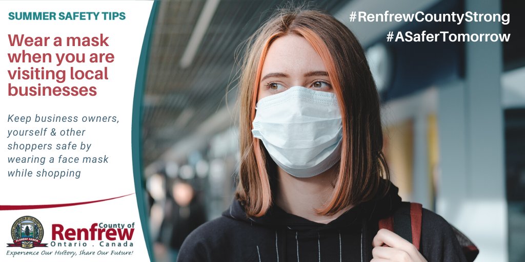 RenfrewCounty's tweet photo. ➡️ As businesses reopen, we must remain diligent and continue the fight against COVID-19. It is recommended to wear a mask when in public &amp; out in your community, especially in situations where physical distancing is not possible😷

#RenfrewCountyStrong #ASaferTomorrow https://t.co/4duBRC8Vs2