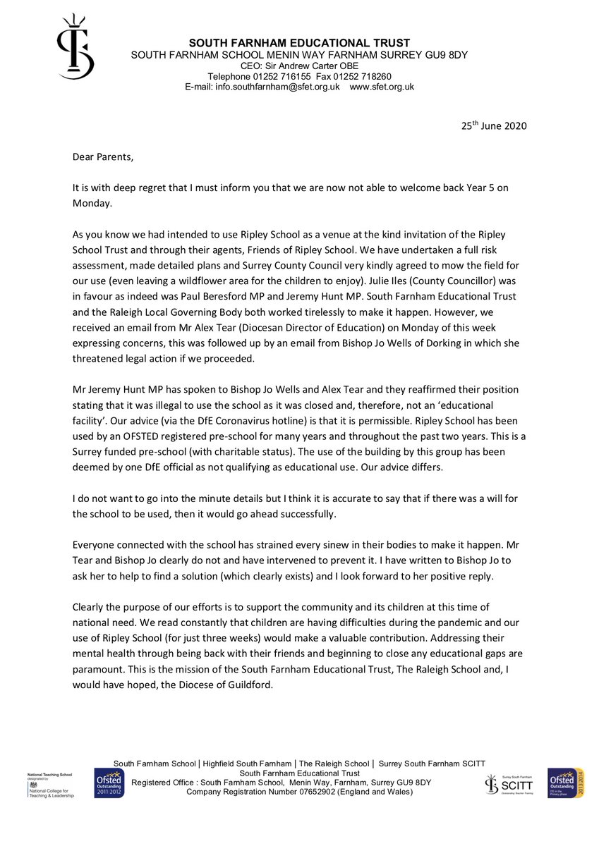 Leesontweets's tweet photo. Heartbreak for 60 Surrey children after return to school blocked by Guildford Diocese' threat of legal action. Pretty sure this is not what was meant by "Suffer the little children" @GavinWilliamson @miss_mcinerney https://t.co/9VkUZUqDfb