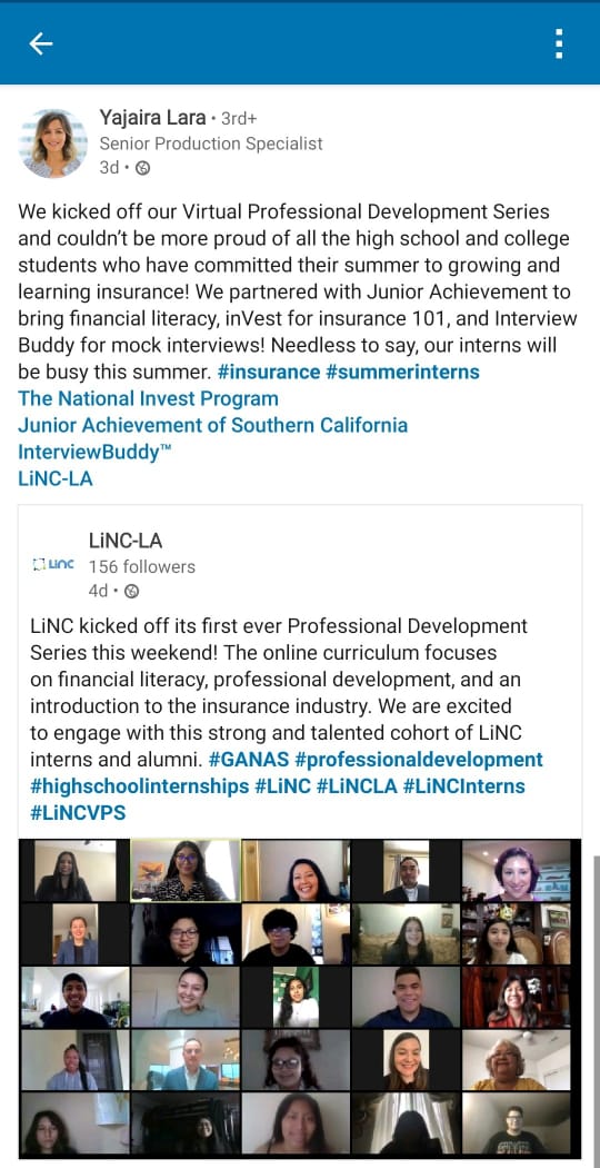 IntrvwBuddy's tweet photo. As the Professional Development Series of LiNC-LA gets underway, InterviewBuddy is glad to be a part of the enchanting journey of these young interns.

#insurance #summerinterns
@NationalInVEST 
@JASoCalLA 
#LiNCLa https://t.co/suL8A2Krrx