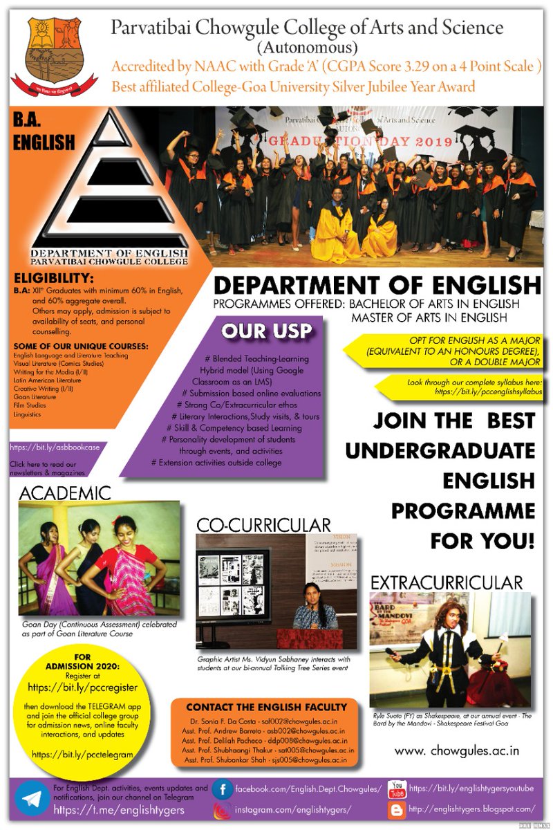 spccofficial's tweet photo. Admissions open soon in the only autonomous college in Goa! BA English for the creative, critical, and free thinkers!
#englishtygers #deptofenglishchowgulesgoa #chowgulecollege #englishBA #mhrd
@HRDMinistry https://t.co/TQbpUT9AyX