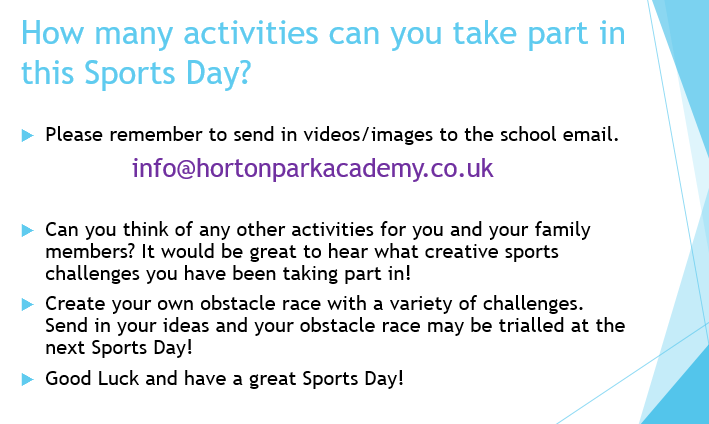 HortonParkSch's tweet photo. It is Sports Week at Horton Park! Mr Rehman would like you and your families to take part in this year's special (and hopefully one-off) Lock down Sports Day/Week! #WeExceed #becompetitive #involveyourfamily https://t.co/R2Vm3Lw6ZS