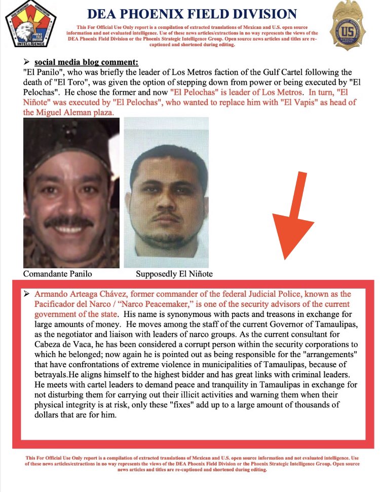 The security strategy of  @fgcabezadevaca is one of pacification of certain groups who pay to conduct their business without being disturbed by the government, and prosecution of the rivals of the favored groups. Armando Arteaga Chavez is the liason in charge of overseeing this.