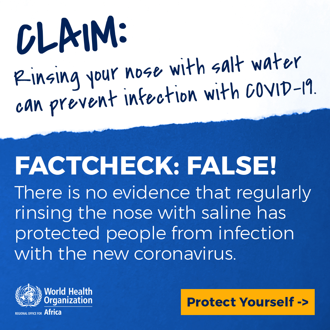 WHOAFRO's tweet photo. Will rinsing your nose with salt & water protect you from #COVID19?
❌The answer is NO.
Regularly rinsing the nose with salt & water has not been shown to prevent respiratory infections, including #coronavirus. #DoThe5
Learn the #facts: https://t.co/sis4fSr795 https://t.co/GNXccrsM0s