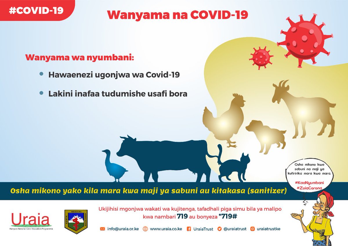 Kumbuka wanyama wa nyumbani hawaenezi ugonjwa wa Corona, lakini kumbuka kudumisha usafi bora ilikuepukana na magonjwa mengine. <a href="/UraiaTrust/">Uraia Trust</a>