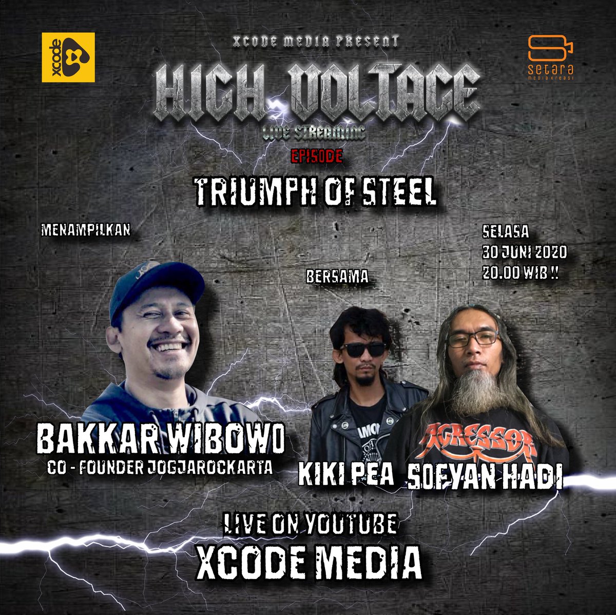 xcode_media's tweet photo. Kembali lagi LIVE STREAMING
Selasa, 30 Juni 2020 
pukul 8 malam.

Kali ini kita ngobrol perihal musik cadas bersama @bakkarwibowo, sosok penting dibalik Festival Rock paling fenomenal #Jogjarockarta

Masih digawangi bareng Sofyan Hadi @DeathVomitBand &amp; @kkk_pea. https://t.co/jXDCYKX4wy