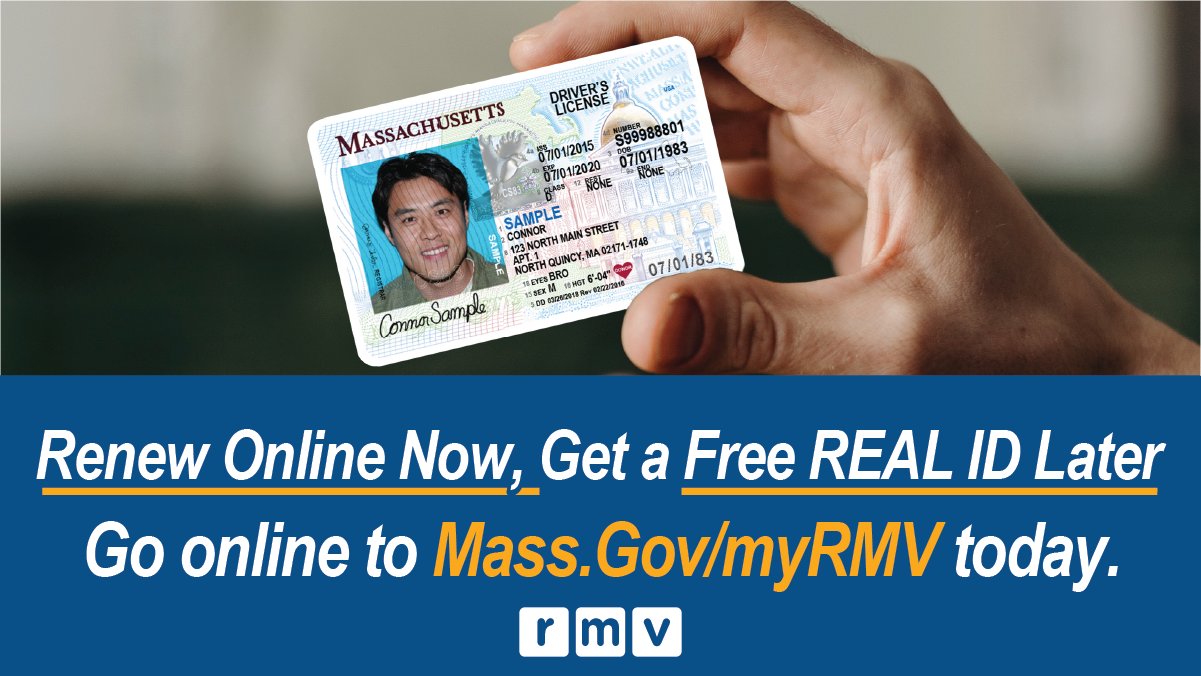 Massachusetts RMV on X: Customers who renew for a 'standard' Massachusetts  driver's license or ID card online between June 12 and August 12, 2020,  will be able to upgrade to a #REALID