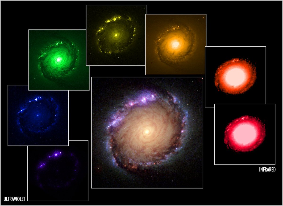 Untuk satu objek, Hubble bisa menangkap lebih dari tiga citra. Contohnya: pada tahun 2001, teleskop Hubble diarahkan untuk menjepret galaksi NGC 1512 dalam tujuh filter cahaya, dari ultraviolet, biru, hijau, kuning, oranye, merah, hingga inframerah. Hasilnya adalah berikut ini.