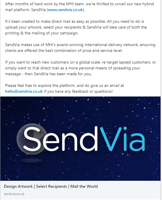 Ready. Set. SendVia.

You can find our new hybrid mail service here: sendvia.co.uk.

Best,
Team MHI.