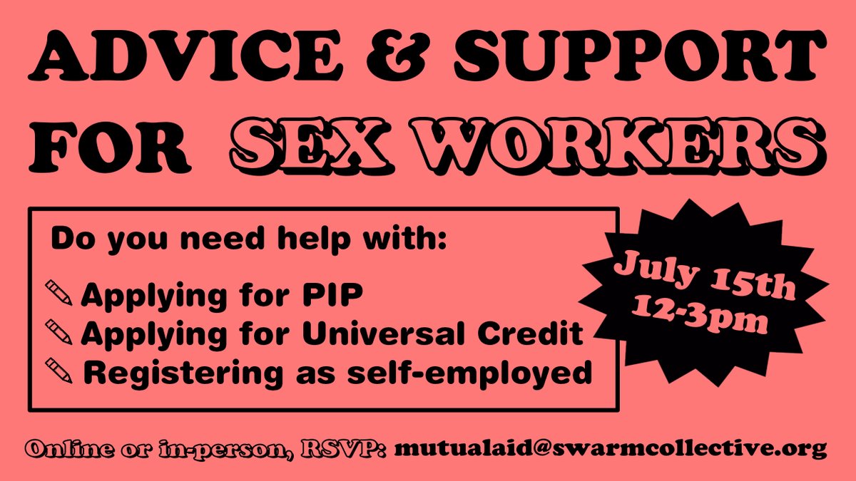 Starting July 15th we will be running monthly group drop-in sessions for UK based sex workers who need support navigating the benefits system or registering as self employed. We'll also have sex workers with knowledge of housing and employment issues around if you need it!