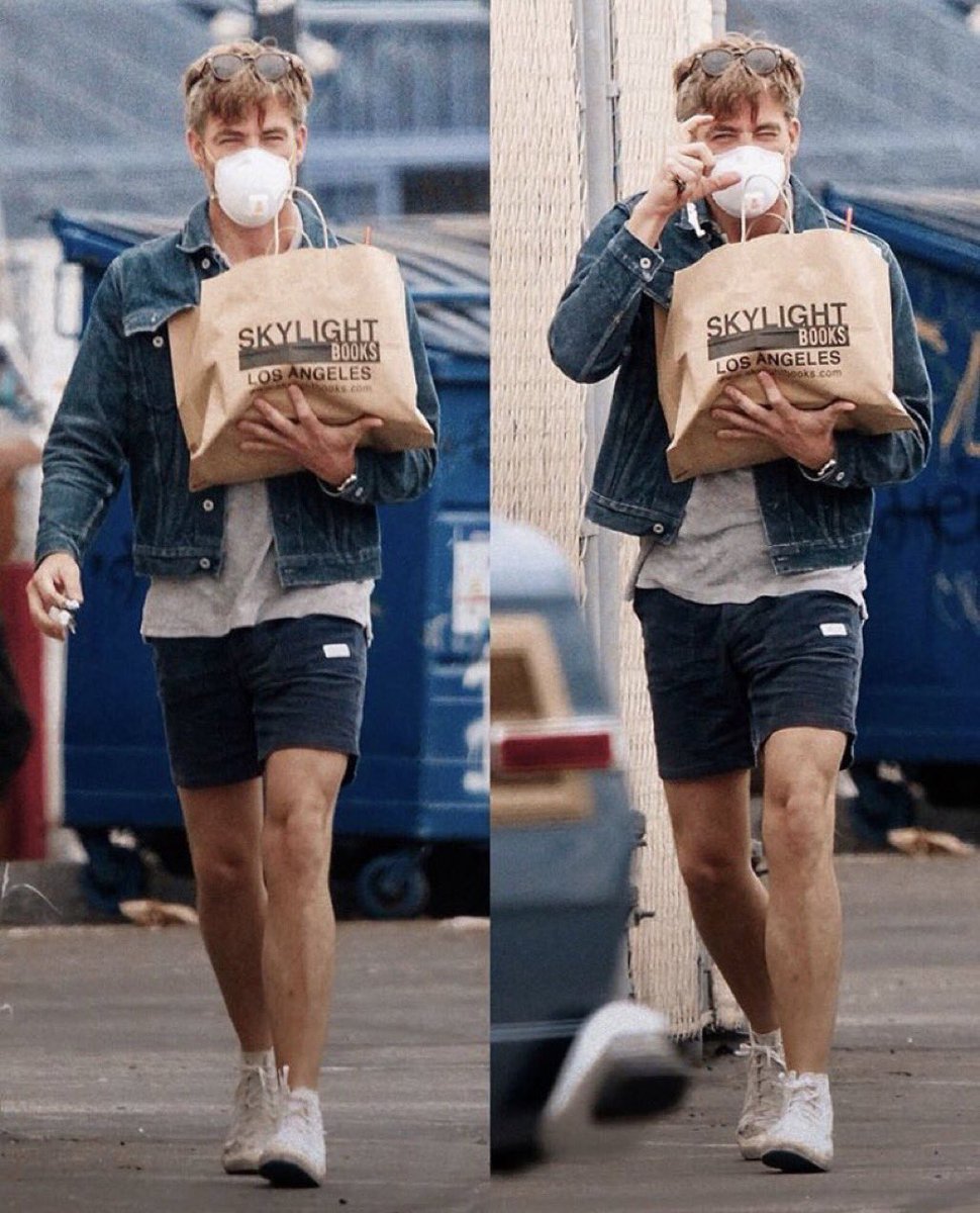 I don’t know who needs to see it but here are some pictures of Chris Pine walking out of an indie bookstore with a GIANT bag of books while also wearing a mask.