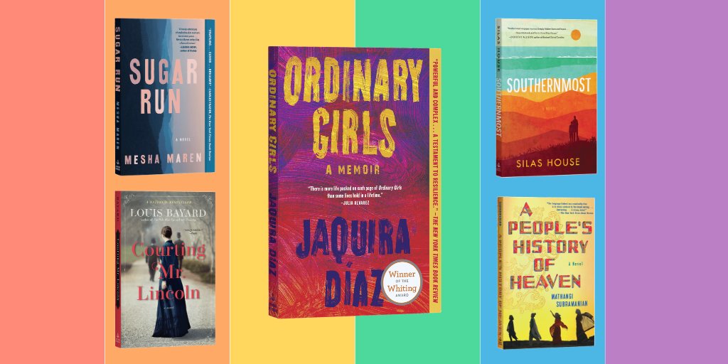 AlgonquinBooks's tweet photo. For #PrideMonth, we’re honored to share these books exploring the vast range of the LGBTQ+ experience: https://t.co/eEOjy4DmVZ
#OrdinaryGirls @jaquiradiaz
 #Southernmost @silasdhouse
 #CourtingMrLincoln @LouisBayard
 #SugarRun @MeshaMaren
 #APeoplesHistoryofHeaven @mathangiwrites https://t.co/tPOlEBLleS