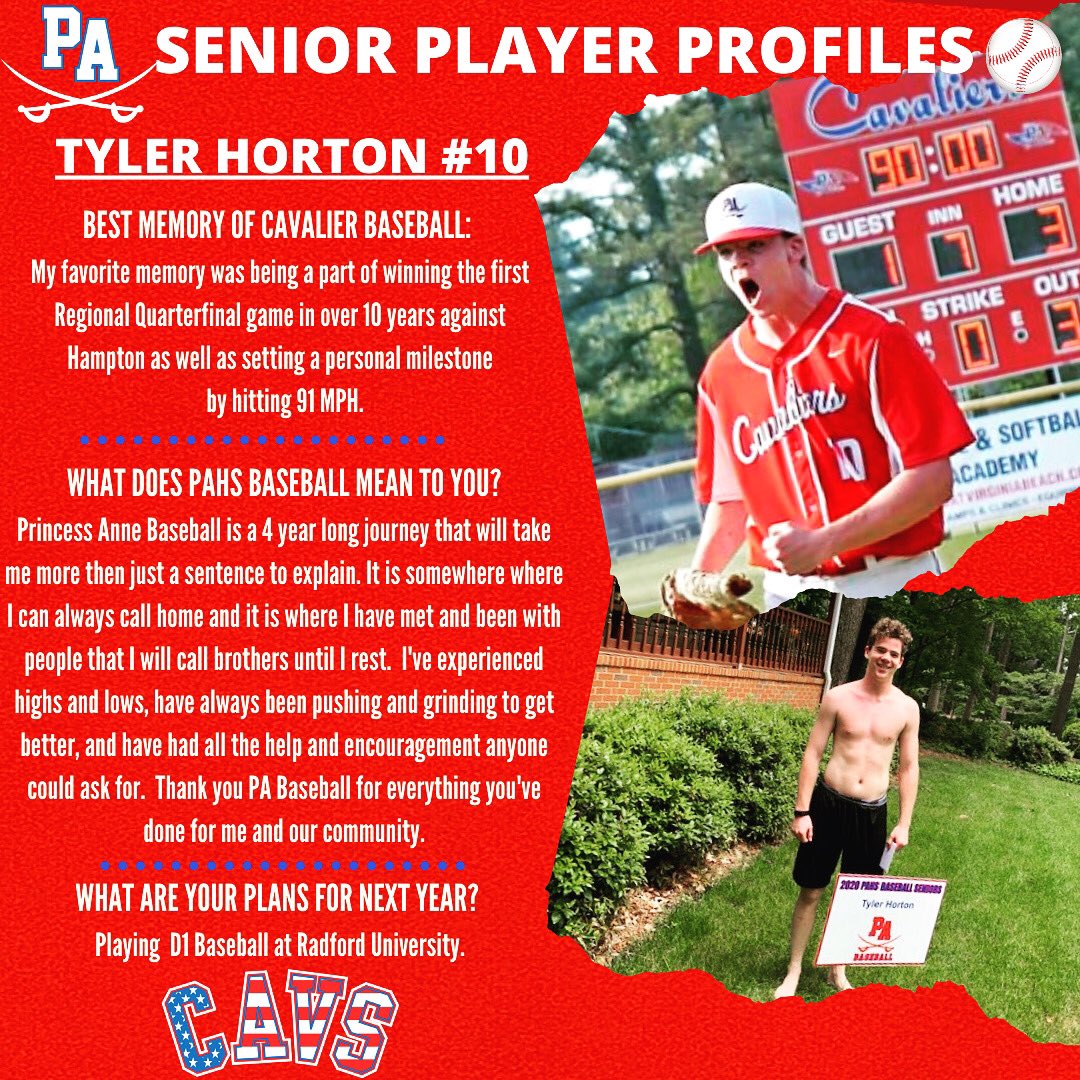 PACavsBaseball's tweet photo. June has been designated the "Month of the VBCPS Graduate" so we will be honoring our 9 Cavalier Baseball Club seniors!
Congratulations to Tyler Horton #10! We can't wait to see you playing D1 baseball @ Radford University in the fall! #cavalierbaseball #pahsbaseball https://t.co/RHPHtXaTX3