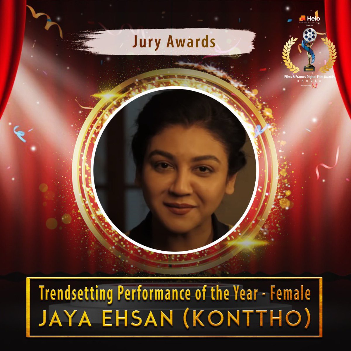 Trendsetting Performance of the Year (Female) Award goes to #jayaahsan for Konttho. Congratulations! #FAFDA2020 #HeloDigitalBengaliAwards #HeloFilmsandFramesDigitalFilmAwards @JayaAhsan2 @gbsaltlake @indraroy @ziniasen123 @ShiboprosadM