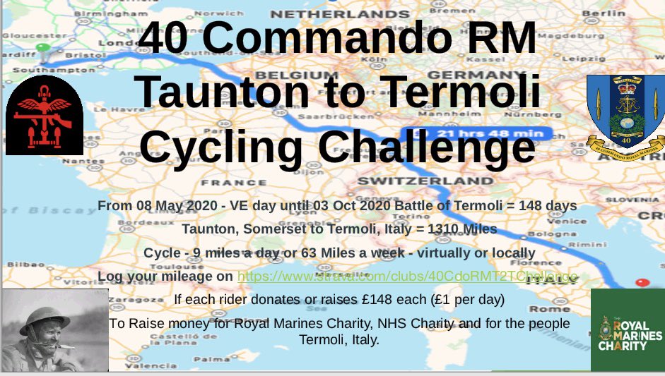 This week’s total mileage was 4,585 with a grand total mileage completed so far of 28,055 miles!! 
Thats more than one circumference of the world!!! Well done guys, keep pushing!👏🚴🏿‍♂️
Pse Support <a href="/theRMcharity/">RMA - The Royal Marines Charity</a> <a href="/NHSCharities/">NHS Charities Together 💙</a> &amp; the residents of Termoli.
uk.virginmoneygiving.com/fundraiser-dis…