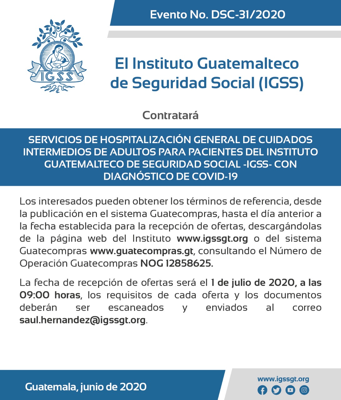 IGSS GT on Twitter: "#CONVOCATORIA | El #IGSS servicios de hospitalización de cuidados intermedios de adultos para pacientes con diagnóstico de COVID-19 NOG Más información ▻ Fecha de