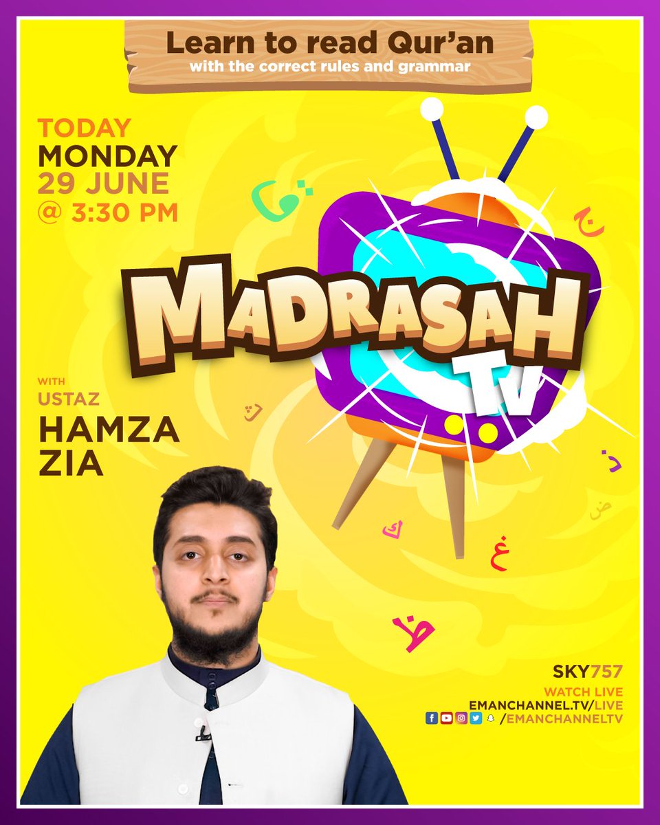 EmanChannelTV's tweet photo. Assalamu Alaikum Kids, brothers and sisters! Are you stuck at home? Is your Madrasah closed?

We're still here and streaming live every day from Monday to Friday at 3:30PM! Join us today! 

#EmanChannel #Madrasahtv #muslimkidstv #Quran #Tajweed #Educational #stayathomelearning https://t.co/QWctz8HWKp