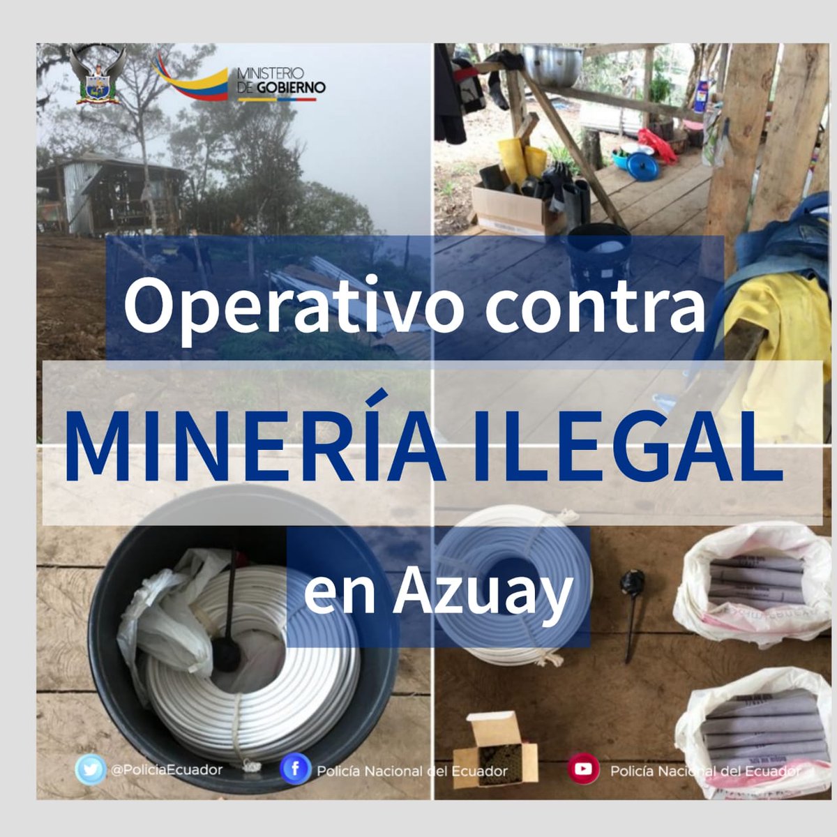 PoliciaEcuador's tweet photo. DECOMISAMOS material explosivo al interior de un campamento, durante un operativo de control minero en #Azuay.
Entre los indicios incautados están:
* 1/2 rollo de mecha lenta
* 35 tacos de dinamita
* 77 cápsulas detonantes.
#DirPolicíaJudicial, #UIDM
#TrabajamosPorTuSeguridad https://t.co/39rD0i2mUE