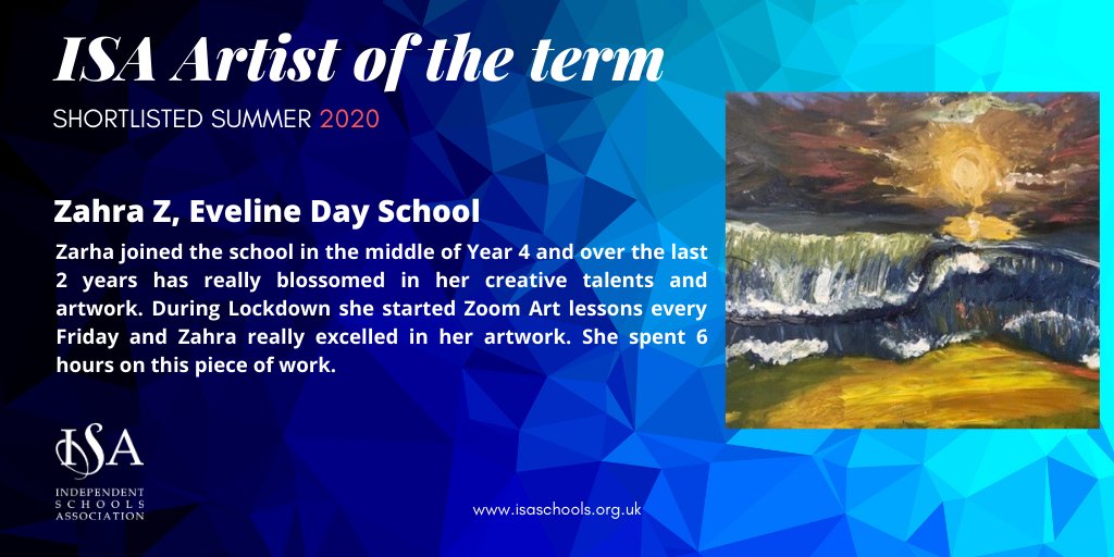 Our two shortlisted entries for the ISA Artist of the Summer Term 2020 are here!
Zahra Z, from #evelinedayschool
RT to vote for Zahra as ISA Artist of the Term
Deadline for voting: Friday 3 June Midday