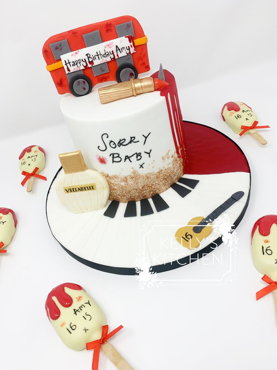 “Sometimes when you love someone you do crazy things” 🔪 
Had such fun creating this cake inspired by <a href="/KillingEve/">Killing Eve</a> including a few extra personal details.
The razor blade in the lipstick, the deadly handwritten note, the perfume bottle and the bus cake #killingeve #killingevecake