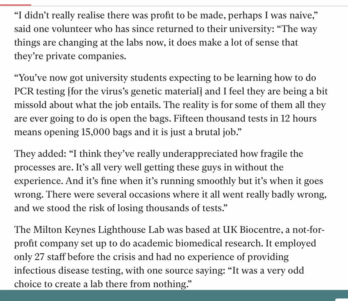 On several occasions, due to lack of experienced personnel, there was a real danger of losing thousands of tests.It looks to me as if they DID lose thousands of tests.One Company, set up and supported a lot of taxpayer funded grants was the Milton Keynes Lab, 12 staff.