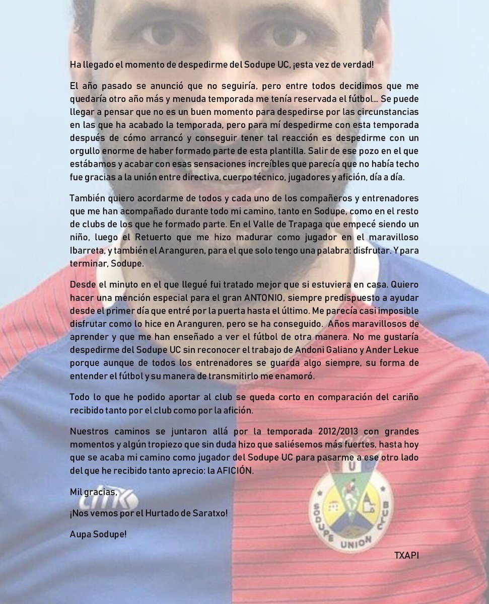 sodupeuc's tweet photo. 🖋 #Txapi tiene algo que deciros...
Desde el club solo podemos agradecerle por estos 8 años donde se ha convertido en una auténtica leyenda del club.
Txapi, te queremos mucho, te vamos a echar mucho de menos y el Hurtado de Saratxo siempre será tu casa.
#EskerrikAskoTxapi https://t.co/XufSyiY8b4