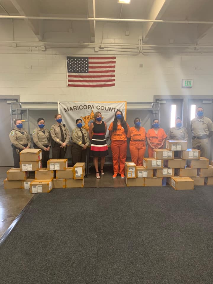 TeleverdeF's tweet photo. This donation was music to our ears. ♫ ♪ ♬Our sincere thanks to @WeRepJustice + @Pharrell for donating 5,000 @adidas masks to the Estrella Women's Jail in #Arizona. Our Exec Director @mcirocco was HAPPY to drop the boxes off to @Penzone4Sheriff + @MCSOAZ. @mcirocco #COVID https://t.co/EzmBWttnGm