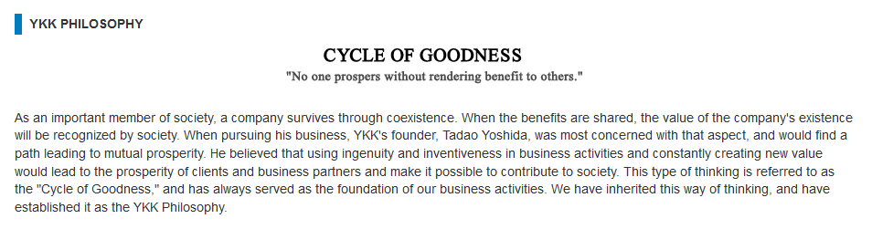 33/ YKK functions on the philosophy established by the Founder Tadao Yoshida: "Cycle Of Goodness"