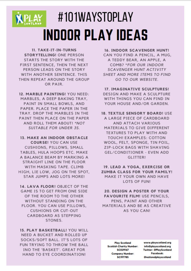 Today we finished our #101waystoplay campaign 😀🤸‍♂️.

But don't worry! Check out our website for our 101 indoor play ideas posters and more resources so that you can keep on playing! 👍 

👉playscotland.org/101waystoplay-…