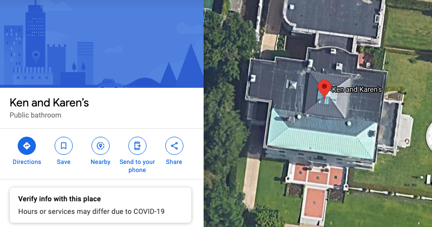 enlightenm3nt's tweet photo. Whoever is responsible for adding this to Google Maps is my new hero.

This is the house of that gun waiving couple and someone marked it as a "Ken and Karen's Public Bathroom".

#KenAndKaren #StLouisprotest https://t.co/7aJYOCcNqk