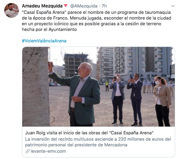 Tonicanto1's tweet photo. Un empresario invierte 220millones de € para construir un pabellón deportivo que generará 300 puestos de trabajo, pero según los nacionalistas no puede ponerle el nombre que le dé la gana 🤦‍♂️

Lo de la obsesión de Compromís con Franco y su fobia a España, lo dejamos para otro día https://t.co/KzXknr1F8I