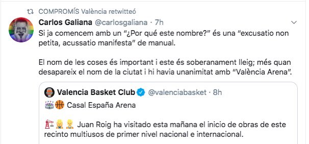 Tonicanto1's tweet photo. Un empresario invierte 220millones de € para construir un pabellón deportivo que generará 300 puestos de trabajo, pero según los nacionalistas no puede ponerle el nombre que le dé la gana 🤦‍♂️

Lo de la obsesión de Compromís con Franco y su fobia a España, lo dejamos para otro día https://t.co/KzXknr1F8I