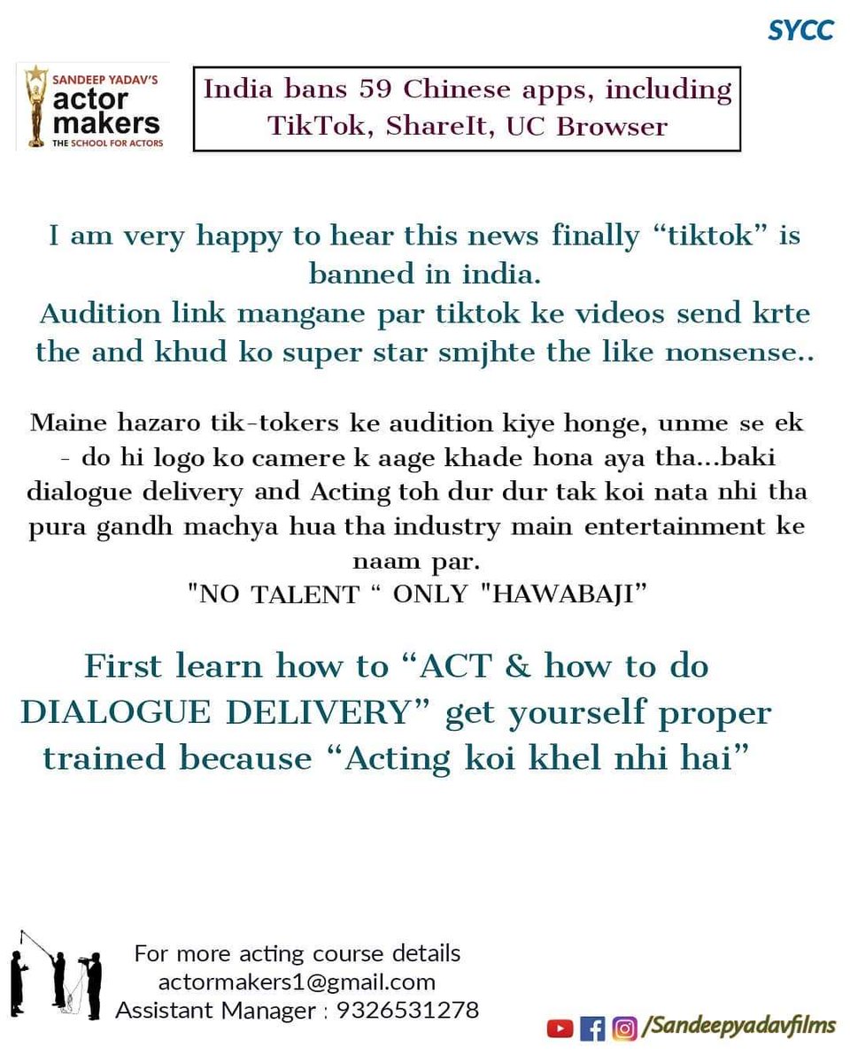 Sandeepyadavfi2's tweet photo. I don't consider TikTok faces as actors. Finally m very happy that tiktok is banned ✍️👐🤝🙏🎥🎥😀 #Castingdirector #riptiktok #actor #stayhome #staysafe #mumbai #pune #syf #actormakers #sycc #sandeepyadavfilms #castingdirector https://t.co/369TcFTrd9