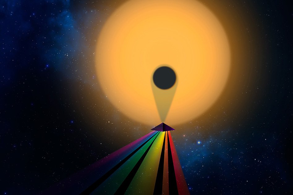 an illustration of a star is seen with a planet in front with the light broken into the spectrum